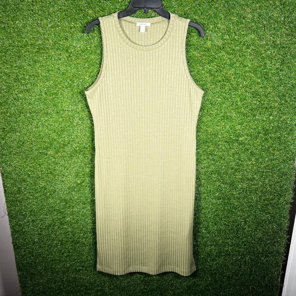 Nine West Womens Olive Green Ribbed‎ Knit Sleeveless Midi Dress Large